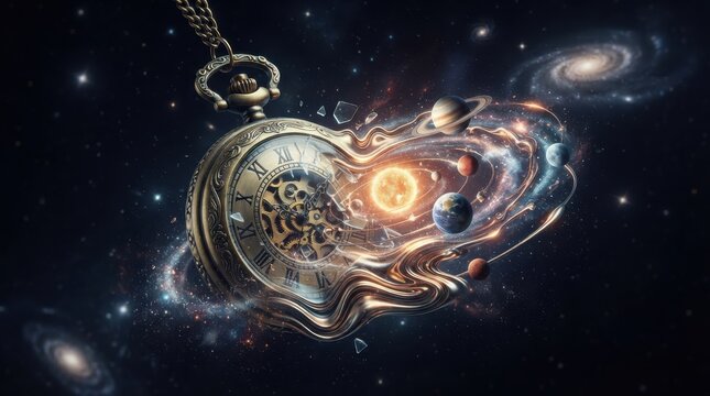 Surreal melting pocket watch with solar system and stars