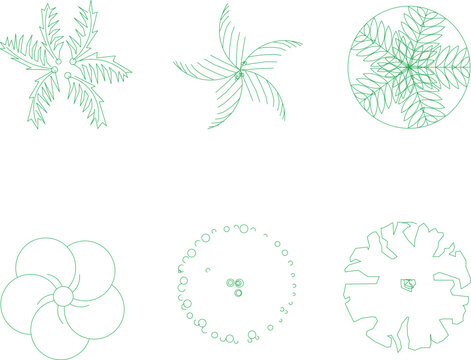 Top plan view vector drawings of six different palm trees, ferns, and flowering plants in green outline, designed as architectural CAD blocks for landscape layouts.