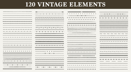 Fototapeta premium Collection of 120 vintage decorative line elements and borders for design