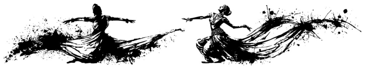Fototapeta premium Female dancers with flowing dresses in motion with artistic ink splatter and grunge silhouette style