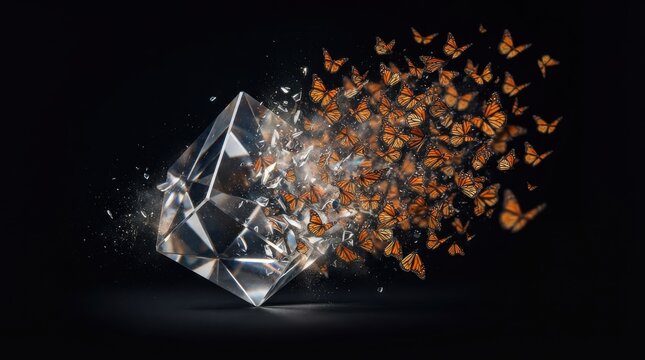 Crystal cube shattering into monarch butterflies