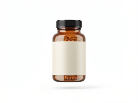 Amber glass pill bottle with black cap and empty label for medicine or supplements isolated on white background