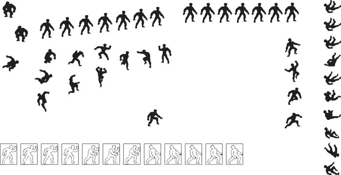 Collection of Silhouette Figures Showing Various Martial Arts and Combat Movements in Action