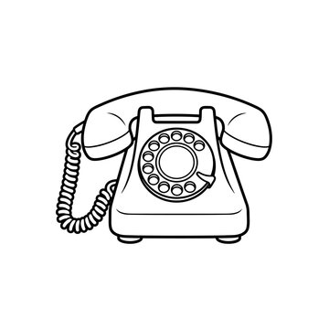 Black and White Vector Illustration of a Vintage Rotary Dial Telephone, Retro Communication Device with Coiled Cord and Dial Pad, Clean Line Art Graphic