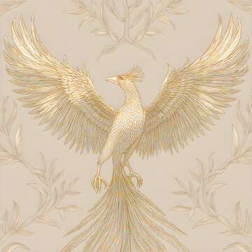 Decorative golden bird wallpaper featuring flowing line art warm cream tones and seamless symmetry