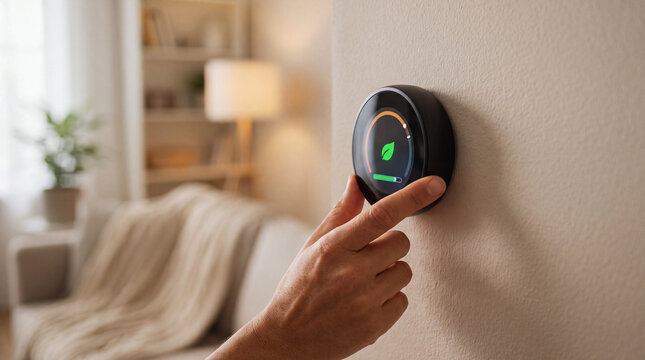 Smart thermostat being adjusted by hand to regulate eco friendly home temperature and energy saving