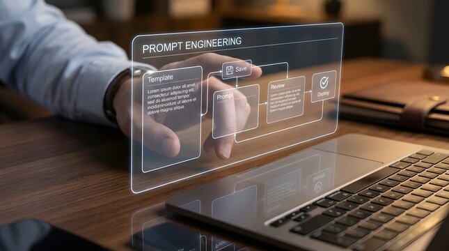 Person using a futuristic transparent glass computer screen in an office