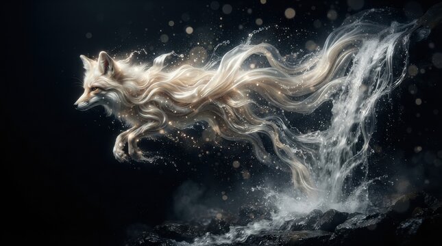 Fantasy fox made of flowing water and light particles