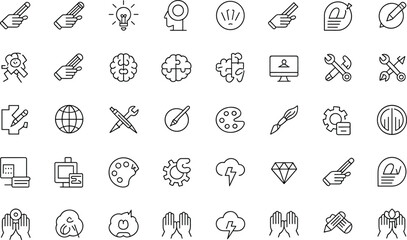 Fototapeta premium Creativity and Brainstorming Icon Set with Innovation Mindset Symbols for UI Design Digital Marketing Creative Thinking Project Management Tools Graphic Interface