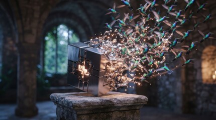 Fototapeta premium Metallic cube transforming into flock of hummingbirds