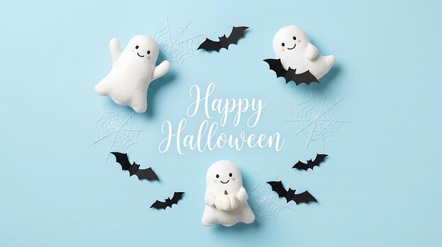 Cute little ghosts and black paper bats arranged in a circle on a light blue background for a happy halloween celebration