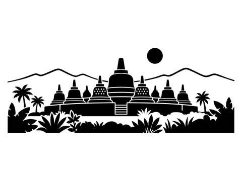 Panoramic Borobudur temple silhouette with palms and mountains