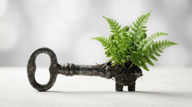 Old metal key with growing fern plant