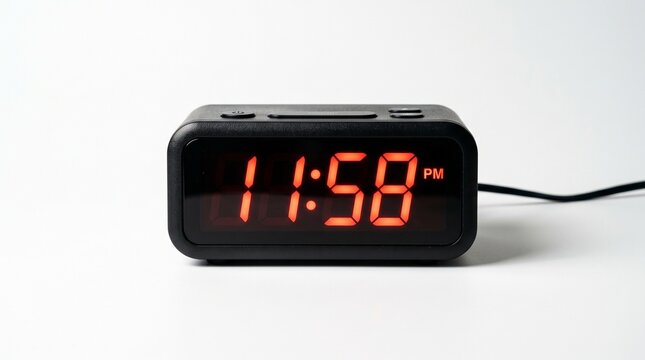 Black digital alarm clock displaying 11 58 PM with red LED numbers on a white background