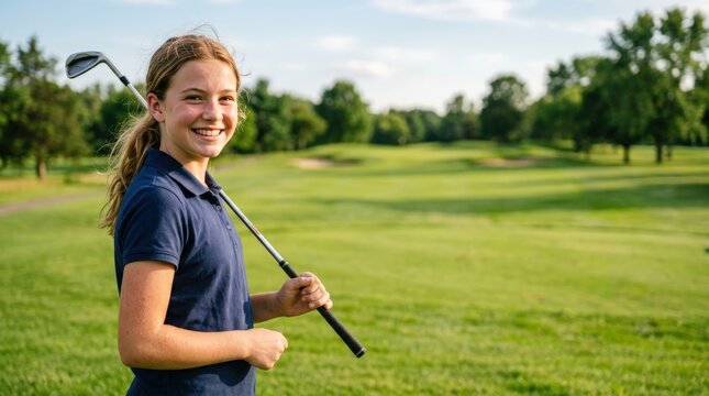 Smiling teenage girl holding golf club on sunny golf course