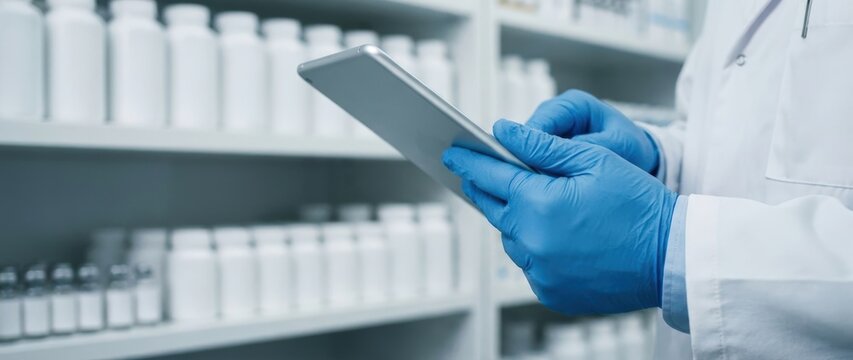 Pharmacist in blue gloves using digital tablet in pharmacy