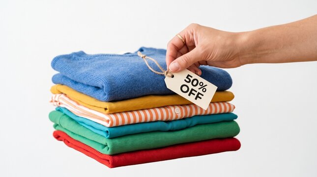 Hand holding a 50 percent off tag attached to a stack of colorful folded clothes on a white background
