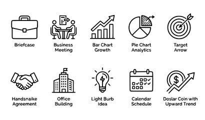 Fototapeta premium Business Line Icons Set Black and White Minimal Outline SVG Vector Collection for Office and Finance