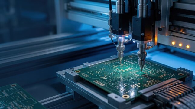 Automated machine assembling electronic circuit board in factory