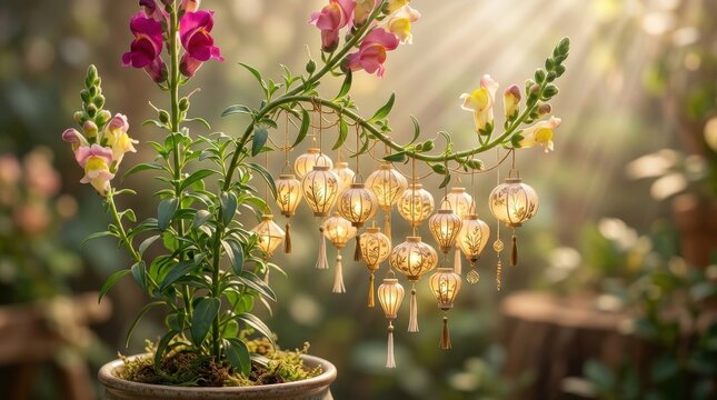 Snapdragon plant adorned with glowing miniature lanterns