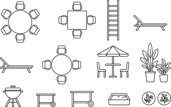 Collection of outdoor patio furniture and garden decor icons with transparent background for design projects