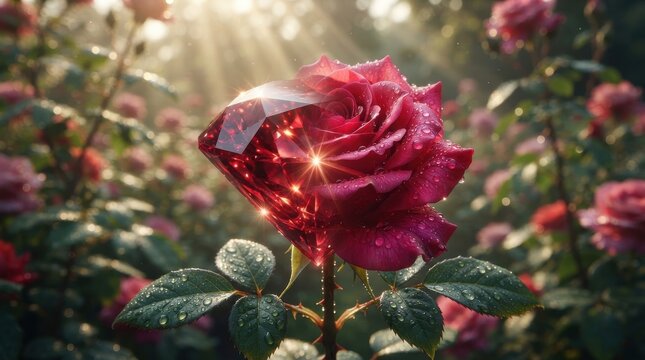 Red rose flower with crystal gemstone petals in garden