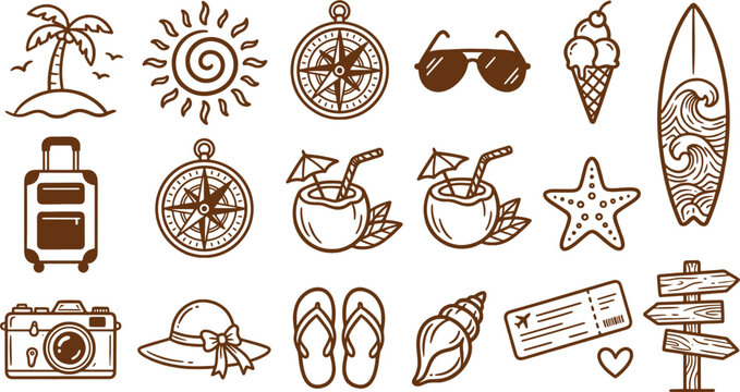 Set of hand drawn travel and beach vacation icons in brown outline with vacation sunglasses suitcase surfboard starfish signpost illustration collection adventure navigation photography
