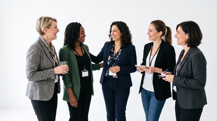Obraz premium Diverse group of professional women in business attire laughing and networking at an event