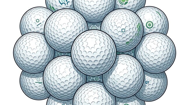Pile of white professional dimpled golf balls with markings