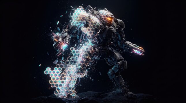 Futuristic armored combat robot with glowing hexagonal energy shield