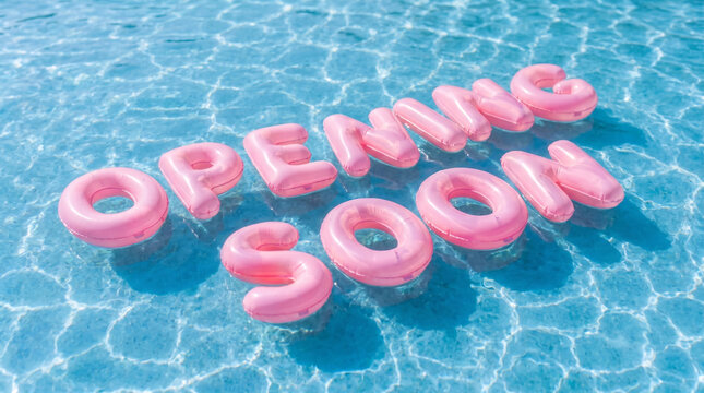 Top down view of Opening Soon pink inflatable letters floating on pool water