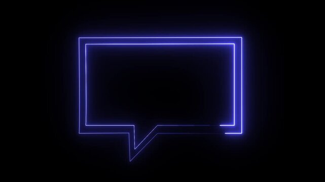 Neon blue speech bubble icon animation on black background showing glowing electric light stroke forming rectangular chat box shape for digital media.