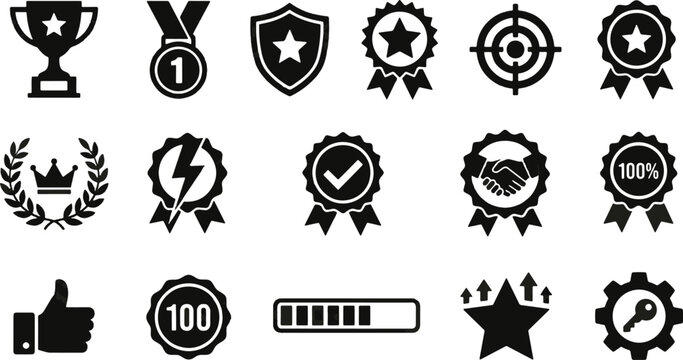 Achievement and reward icons set, black trophy and medal vector symbols, 15 gamification badges for business success and competition ranking