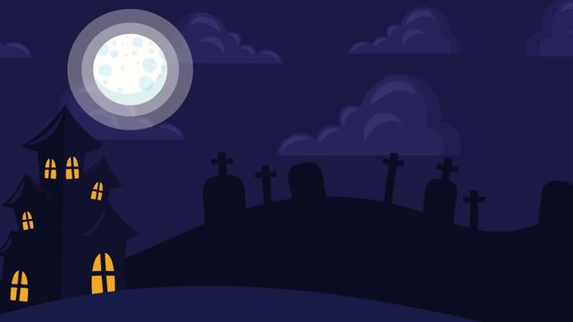 Looping Halloween Night Background with Haunted House, Full Moon and Cemetery Animation