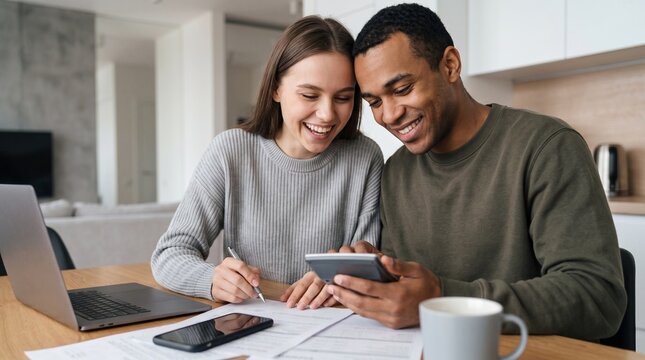 Happy young couple calculating mortgage expenses and managing family budget with calculator and laptop at kitchen table. Diverse man and woman planning real estate investment together.