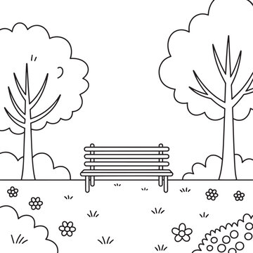 Black and white coloring page featuring a wooden park bench surrounded by trees flowers and bushes