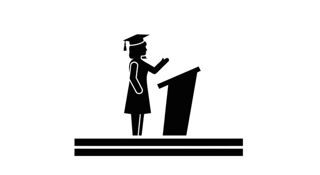 Black silhouette icon of a female graduate giving a speech at a podium.