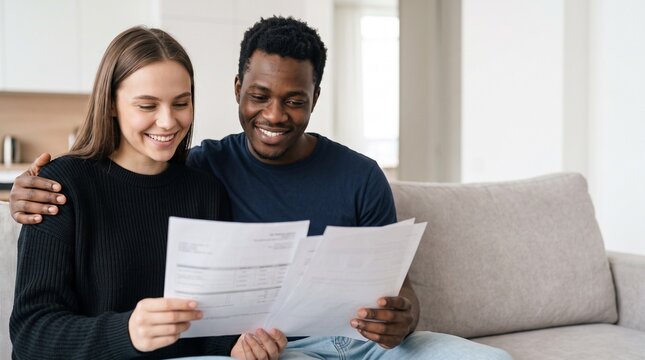 Happy interracial young couple sitting on sofa reviewing financial documents mortgage contract bank statement tax documents planning home budget loan approval modern living room inside.