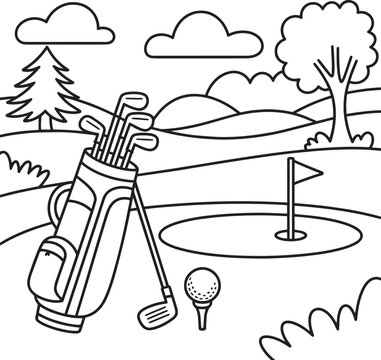 Black and white coloring page featuring a golf bag with clubs and a ball on a course