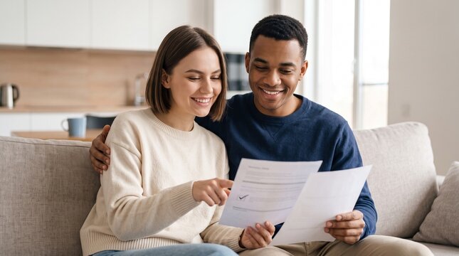 Happy young interracial couple sitting on sofa holding contract checking mortgage loan application document bank form home insurance agreement planning budget together in living room.
