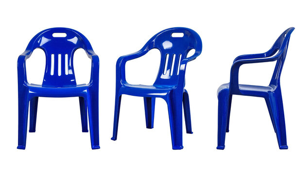 3 plastic blue chairs on white background