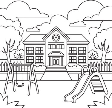Black and white coloring page featuring a school building with a playground and trees in the background