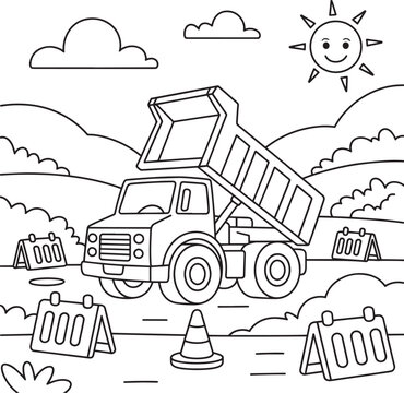 Black and white coloring page for kids featuring a dump truck at a construction site with sun