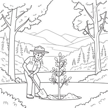 A park ranger planting a young tree in the forest as part of an environmental conservation project