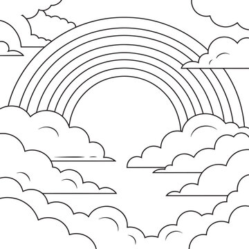 Black and white coloring page featuring a beautiful rainbow arching over fluffy clouds in the sky