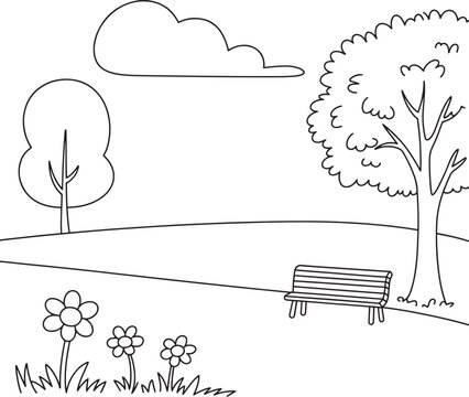 A simple black and white line drawing of a peaceful park scene with a bench and trees