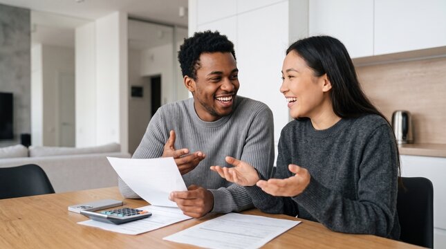 Happy diverse young couple calculating mortgage payment and home budget together holding financial documents sitting at kitchen table planning family investment and house loan agreement.