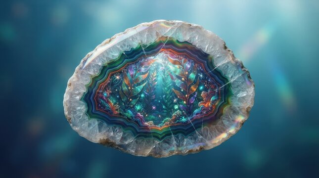 Fantasy geode slice with magical underwater forest interior