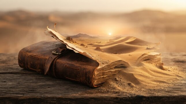 Old leather book with desert landscape emerging from pages