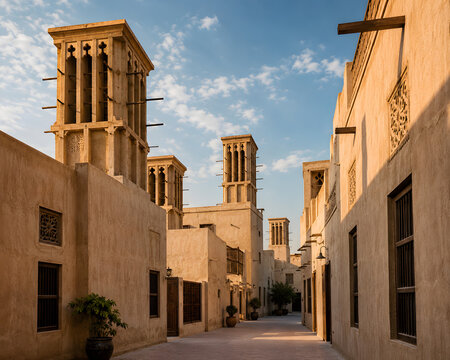 Traditional Arabic wind towers barjeel in Dubai old town, Middle Eastern architecture